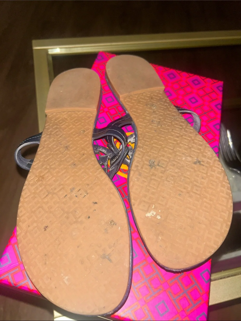Tory Burch Navy Leather Sandals with Rainbow Logo Medallions 8.5